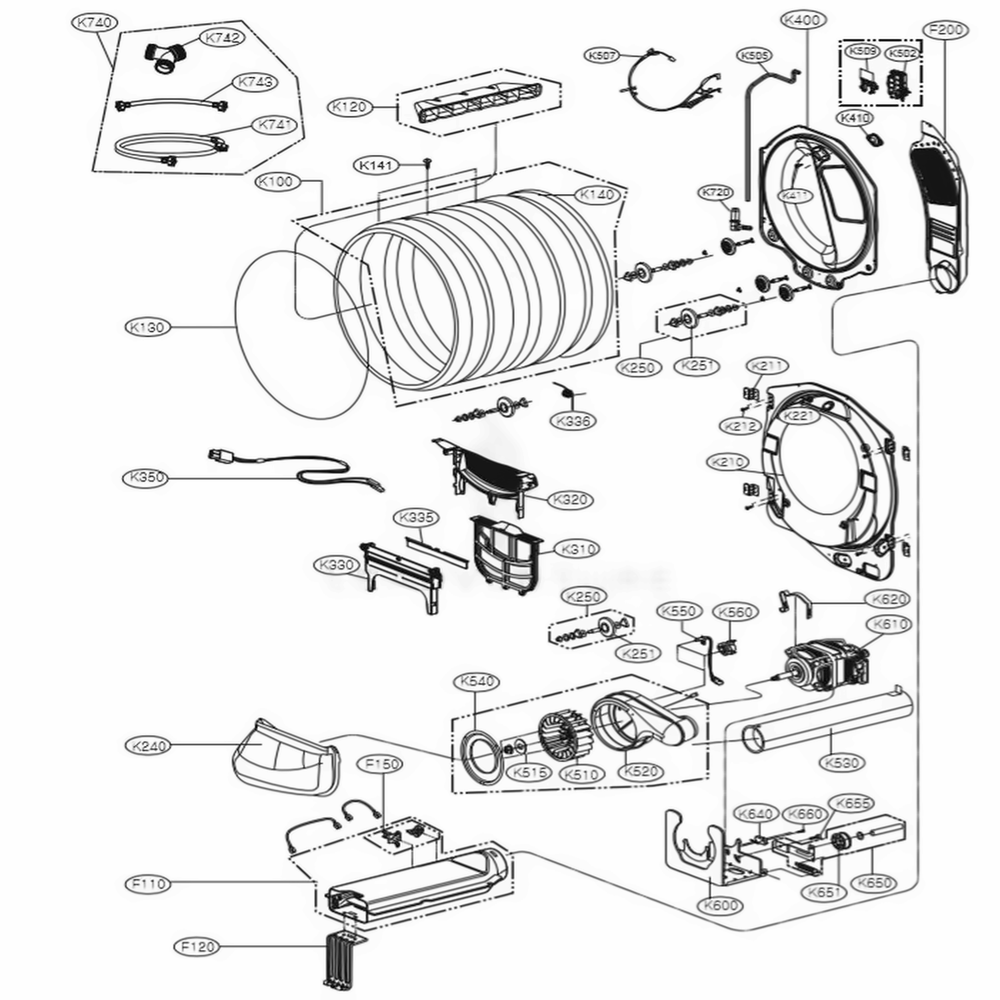 Drum And Motor Assembly Electric Type Diagram and Parts List for DLEX5000W ABWEEUS LG Dryer