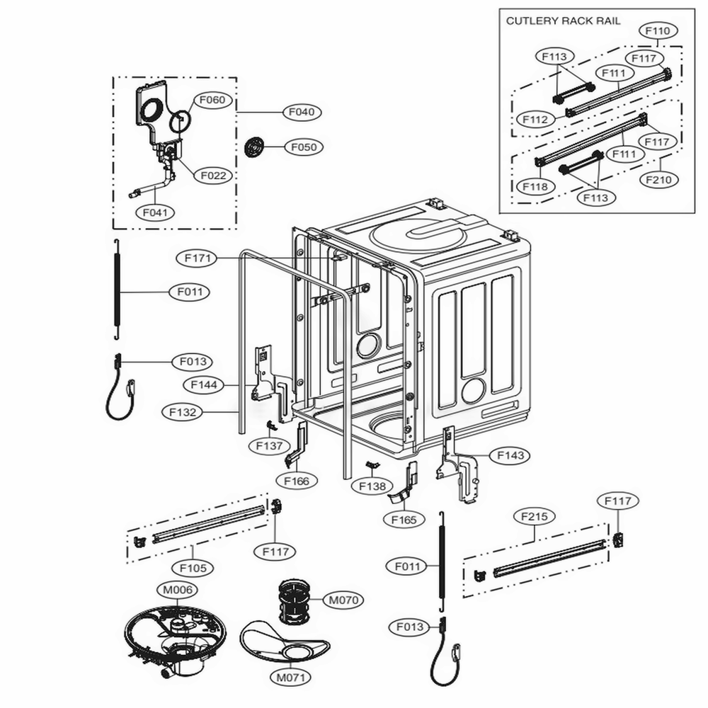 Tub Assembly Diagram and Parts List for 14693 ASTESEU LG Dishwasher