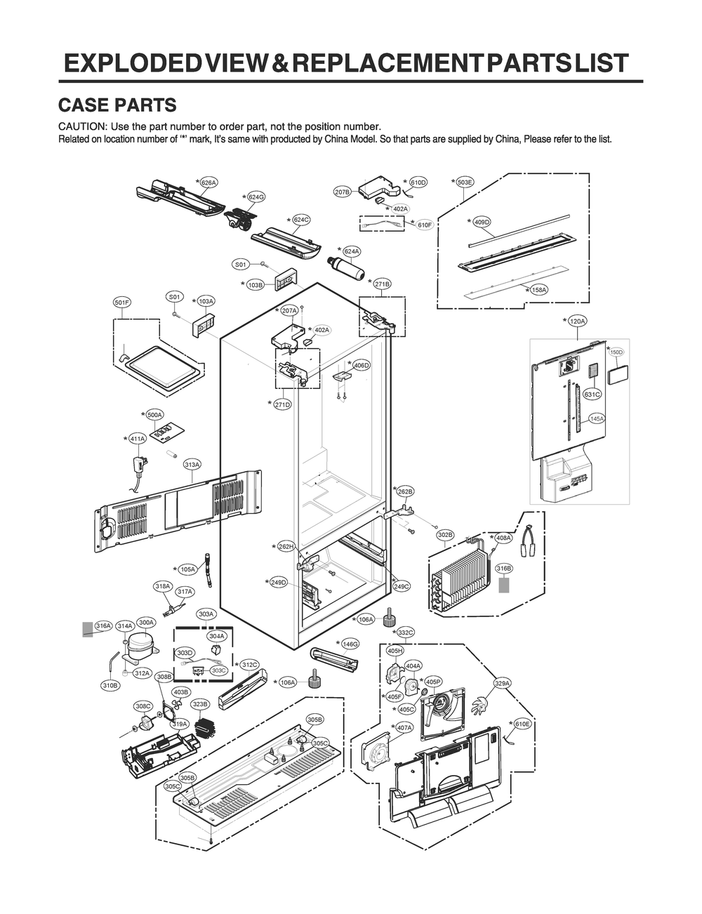 Case Parts Diagram and Parts List for GR-J288NSXM ASTCNA4 LG Refrigerator