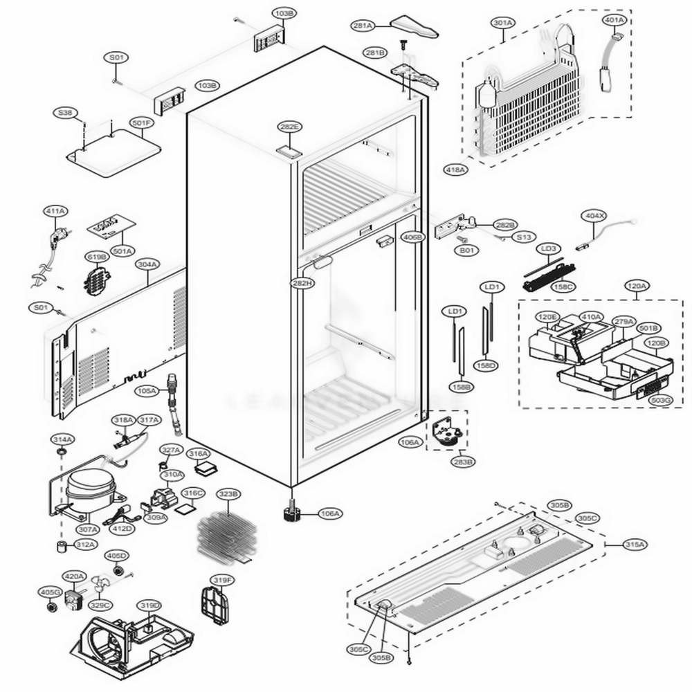 Case Parts Diagram and Parts List for 68032 ASWCSE4 LG Refrigerator