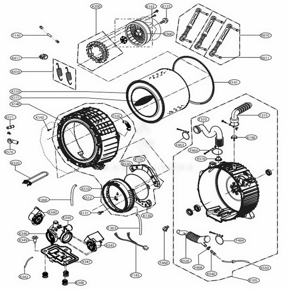 Drum And Tub Assembly Diagram and Parts List for 41302 ABWEVEU LG Washer