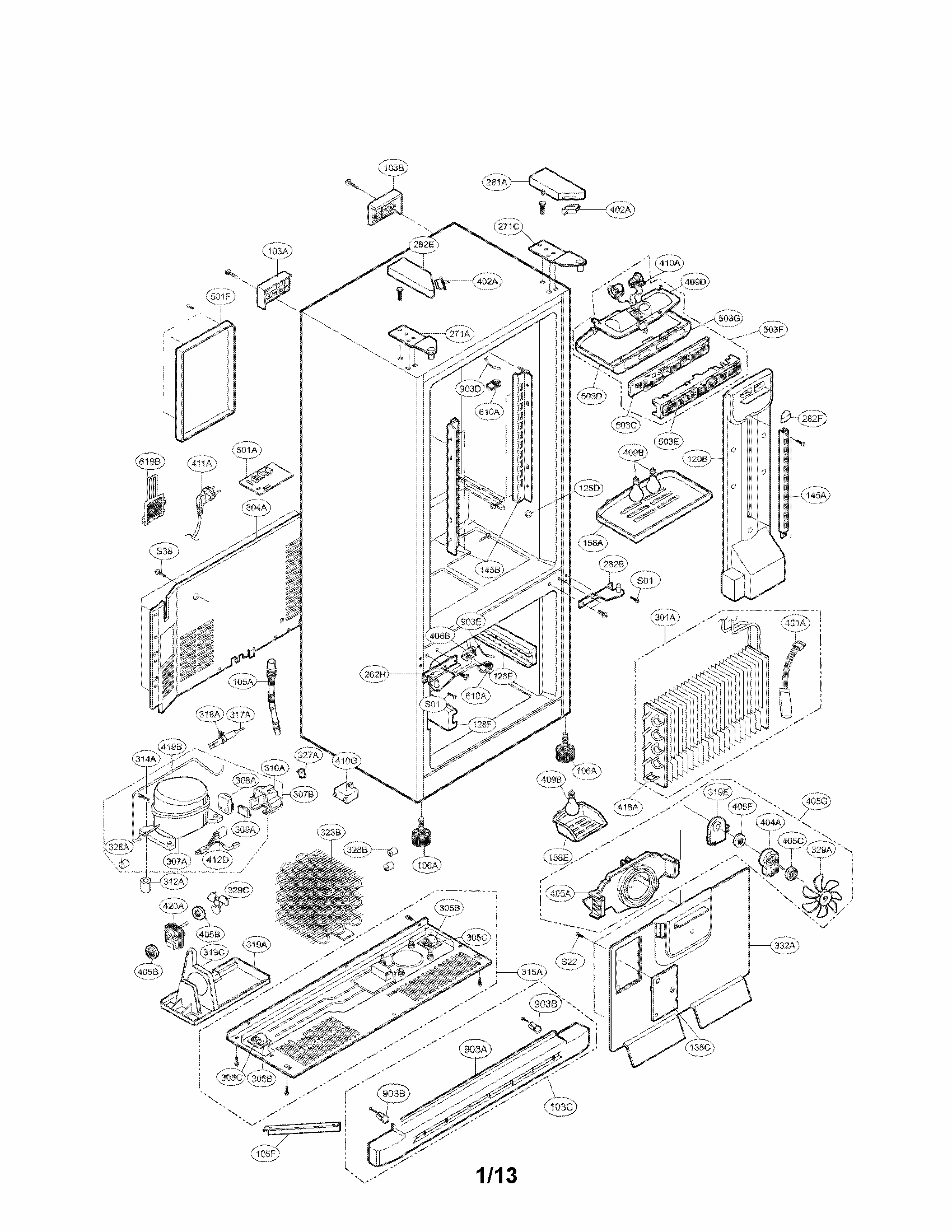 Case Parts Diagram and Parts List for 79577306601  Kenmore Refrigerator