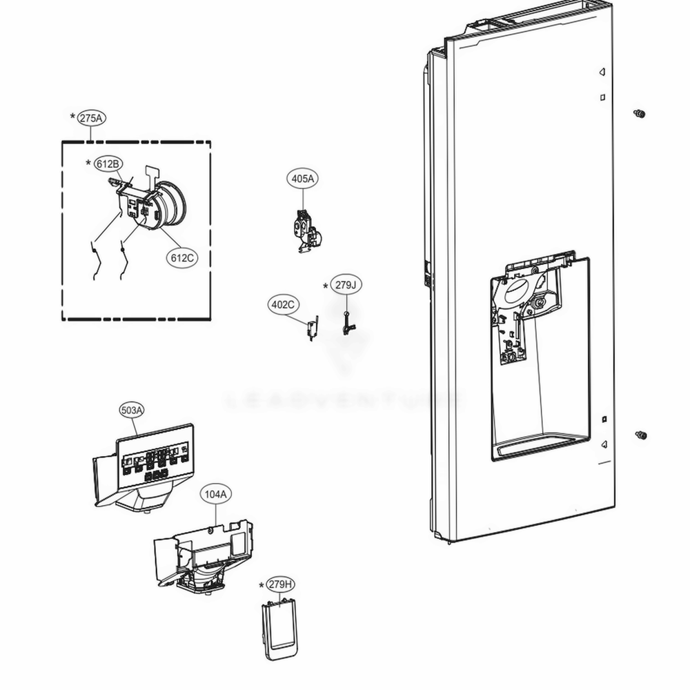 Dispenser Parts 1 Diagram and Parts List for LFXS28968D ASBCNA1 LG Refrigerator