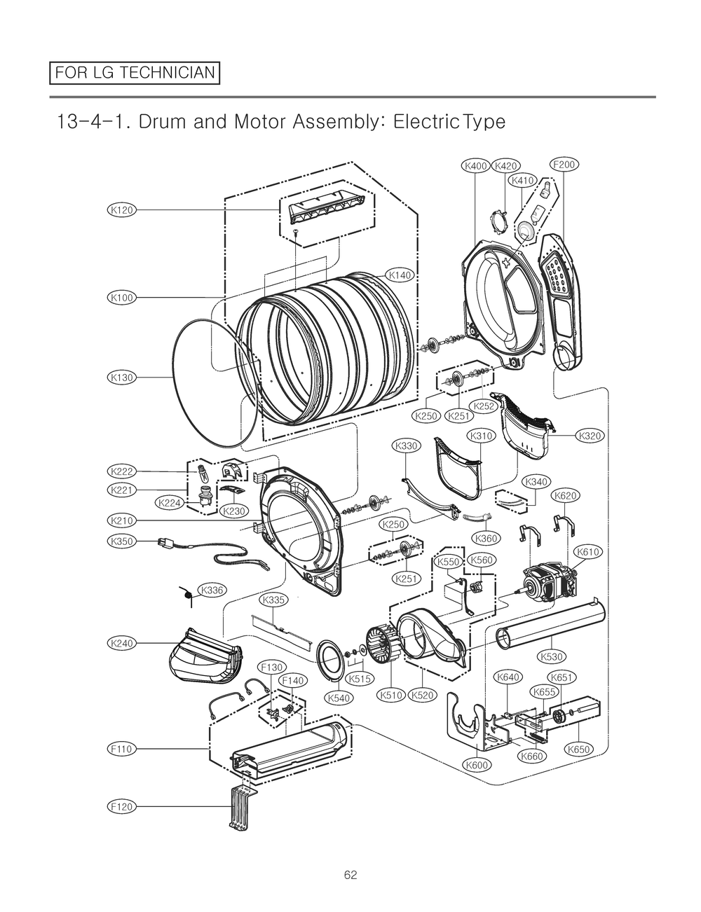 Drum And Motor Assembly Diagram and Parts List for RV1393ES ASSEEUS LG Dryer