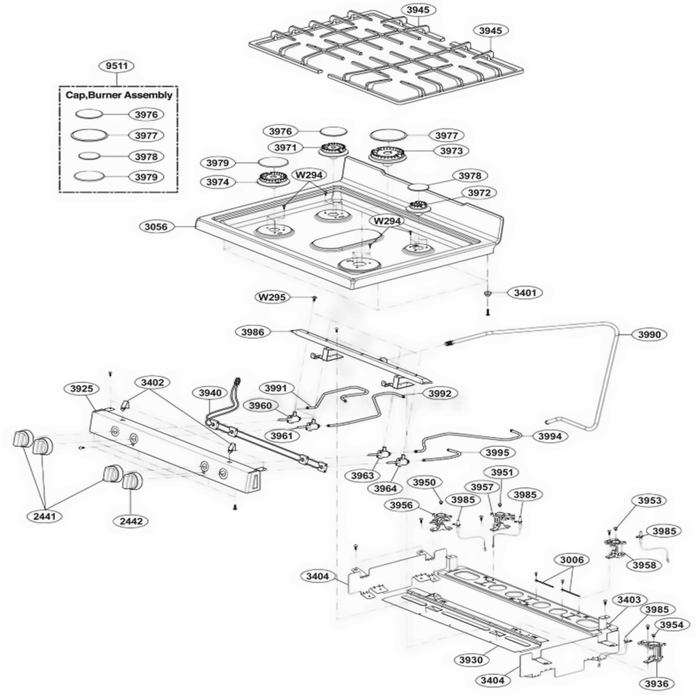 Cooktop Parts Diagram and Parts List for LDG3031ST FS1ELGA LG Wall Oven