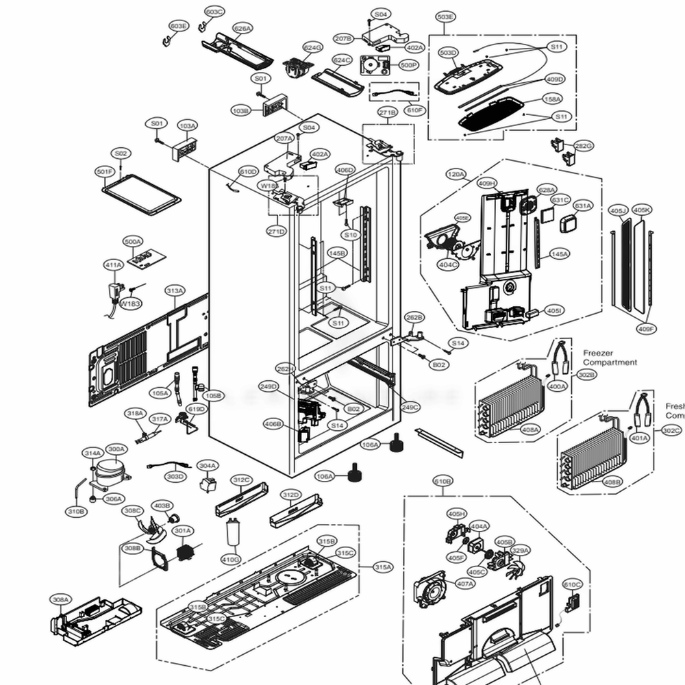 Case Parts Diagram and Parts List for LFXC24726S ASTCNA4 LG Refrigerator
