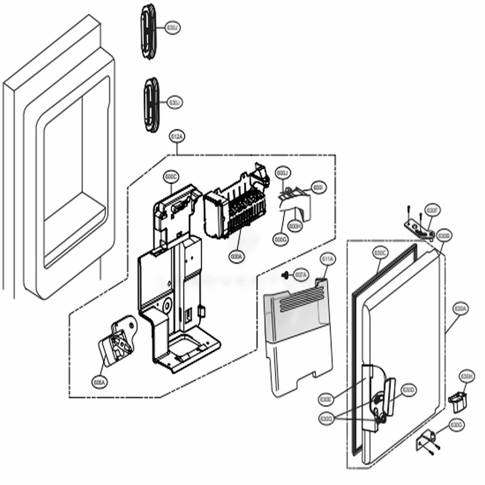 Ice Maker And Ice Bin Parts Diagram and Parts List for 74033 ASTCSE2 LG Refrigerator