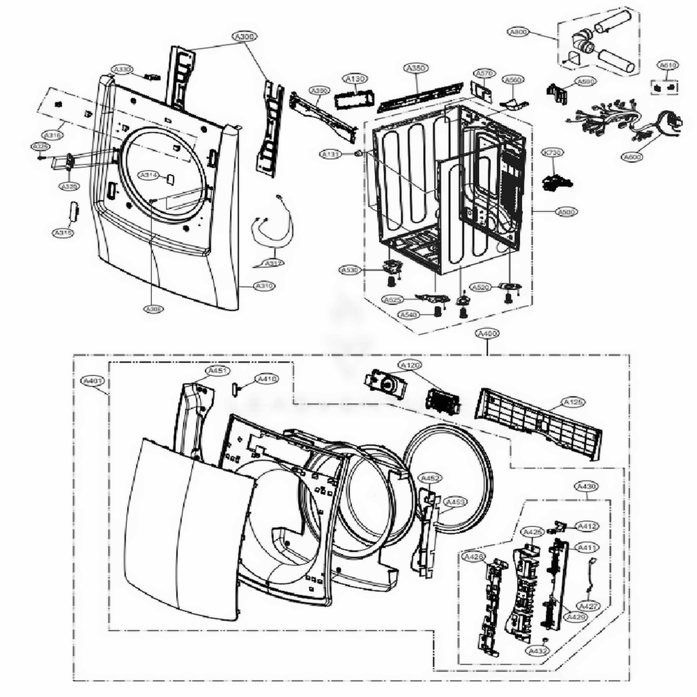Cabinet And Door Assembly: Electric Type - Full Touch Diagram and Parts List for DLEX9000W ABWEEUS LG Washer