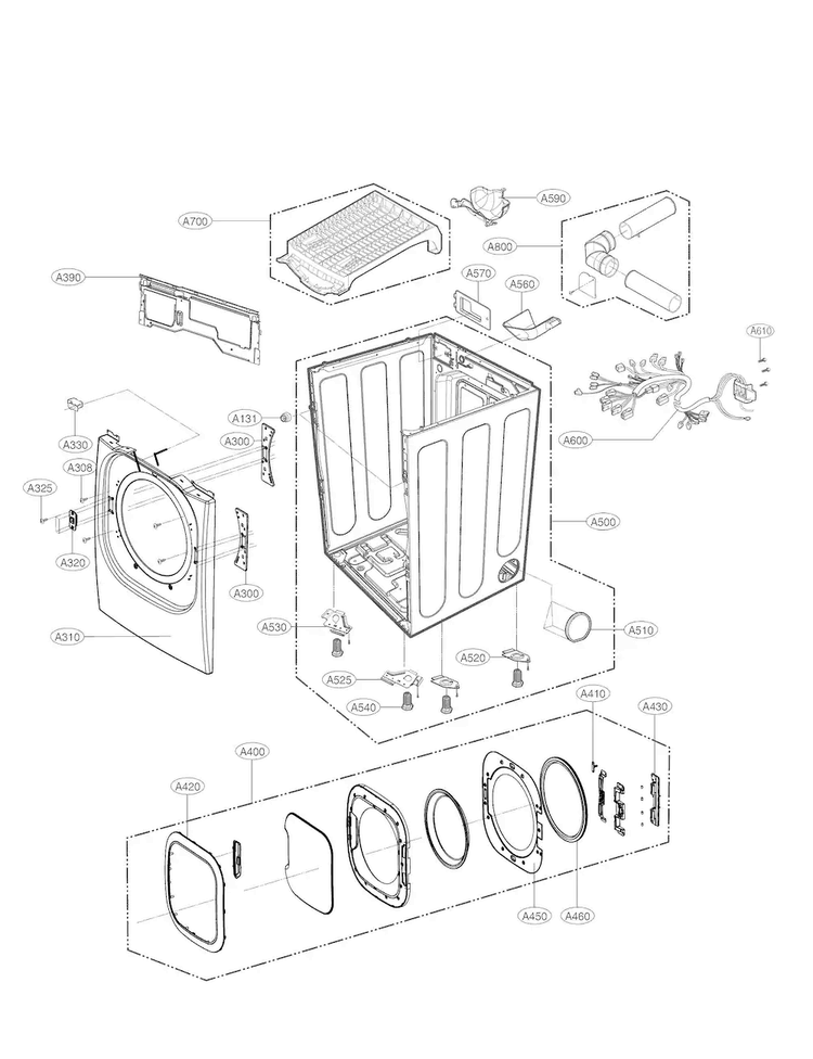 Cabinet And Door Parts Diagram and Parts List for DLEX4270W  LG Dryer