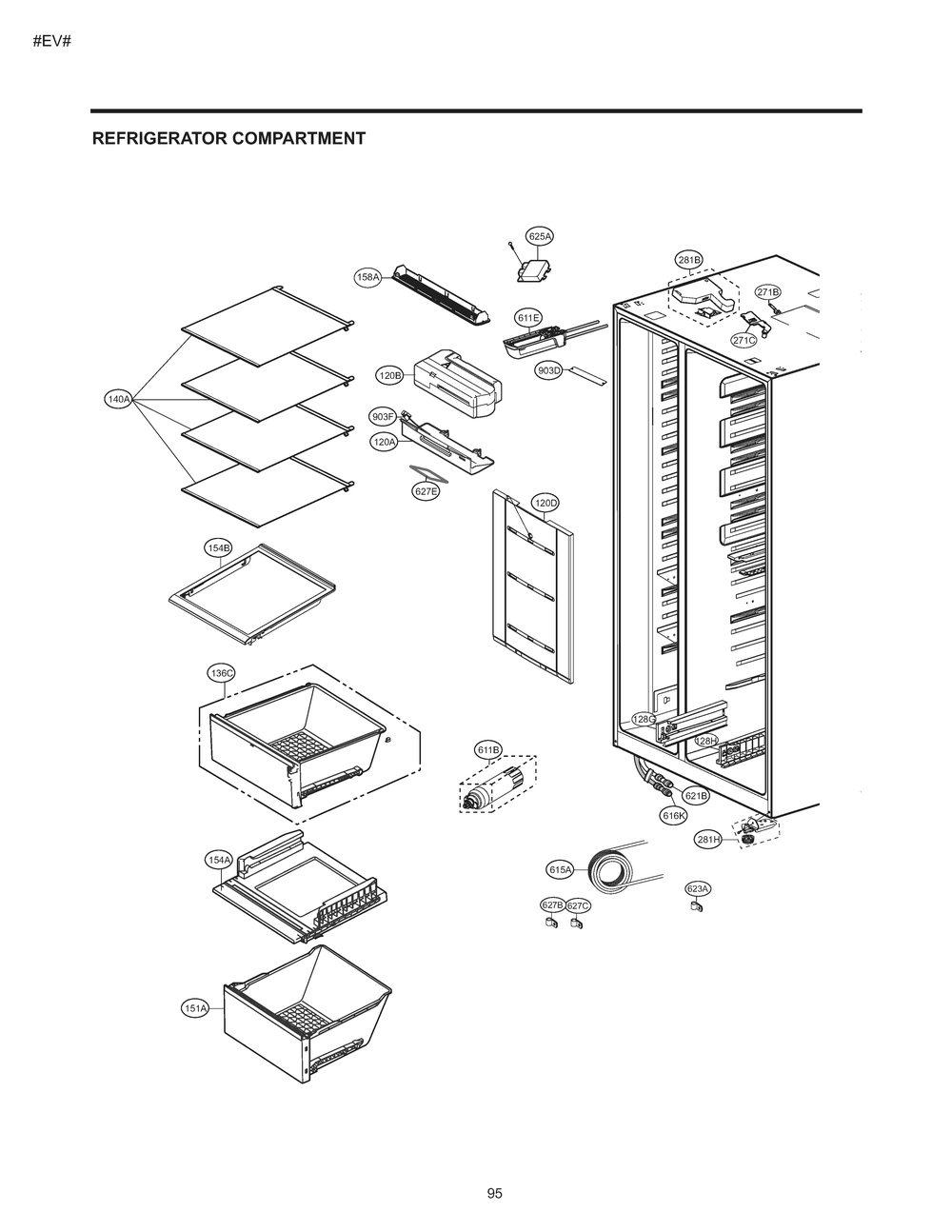 Refrigerator Compartment Diagram and Parts List for GM-J227NKXM ASBCNA0 LG Refrigerator