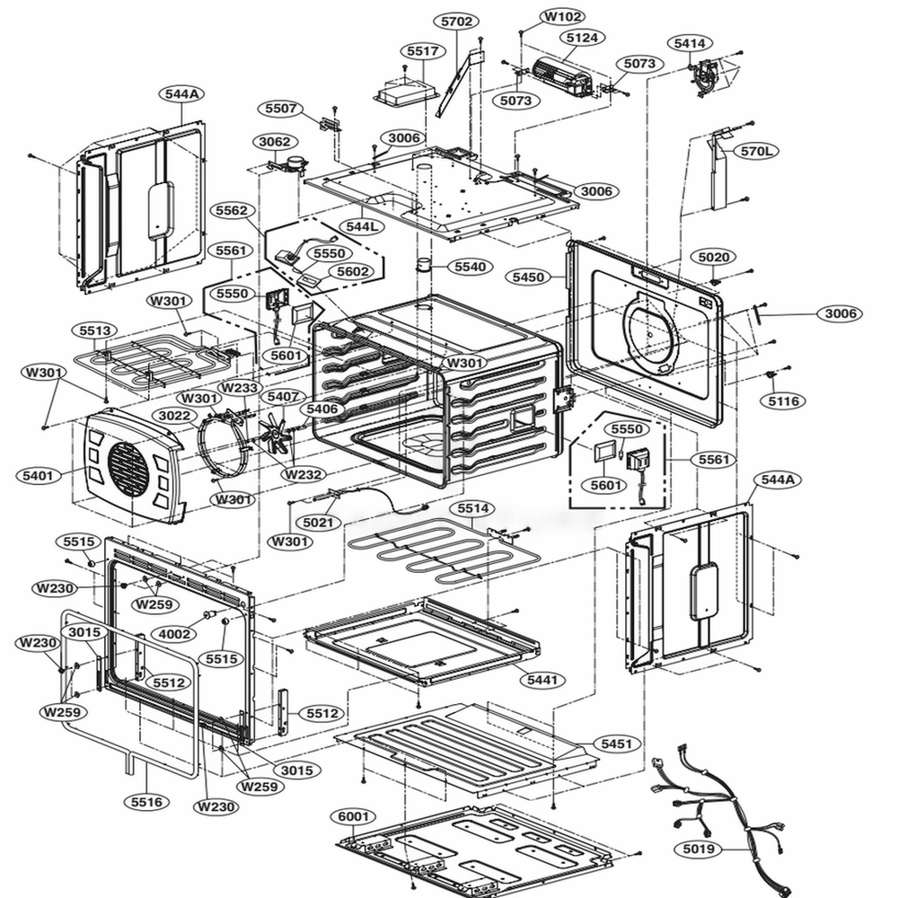 Lower Cavity Parts Diagram and Parts List for LSWD307ST AS6LSTD LG Wall Oven