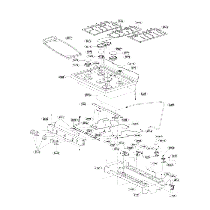 Cooktop Diagram and Parts List for LDG3037ST 00 LG Range