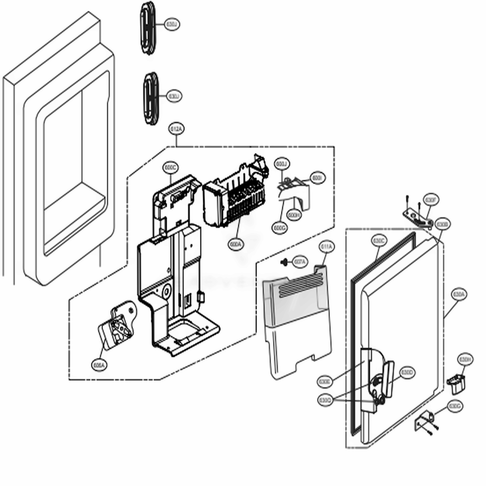 Ice Maker And Ice Bin Parts Diagram and Parts List for 74053 ASTCSE2 LG Refrigerator