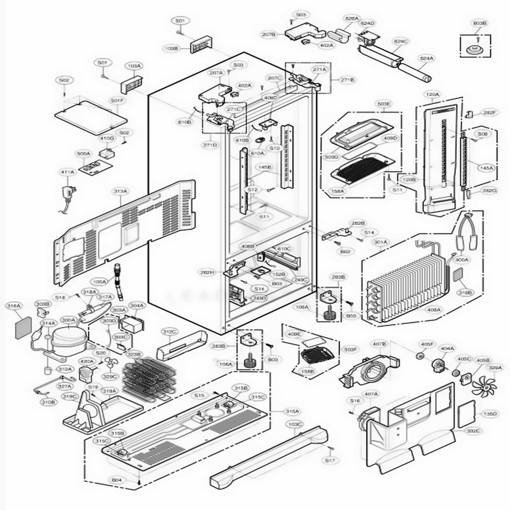 Case Parts Diagram and Parts List for 78733 AST1SER LG Refrigerator