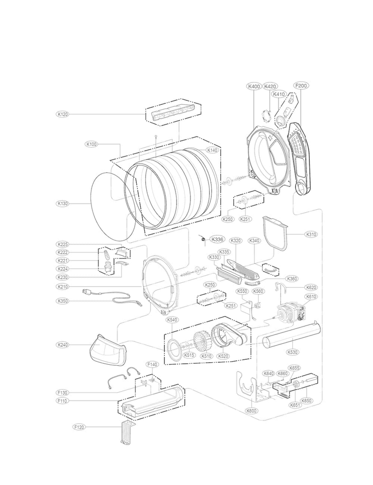 Drum And Motor Parts Diagram and Parts List for DLEX5680V  LG Dryer