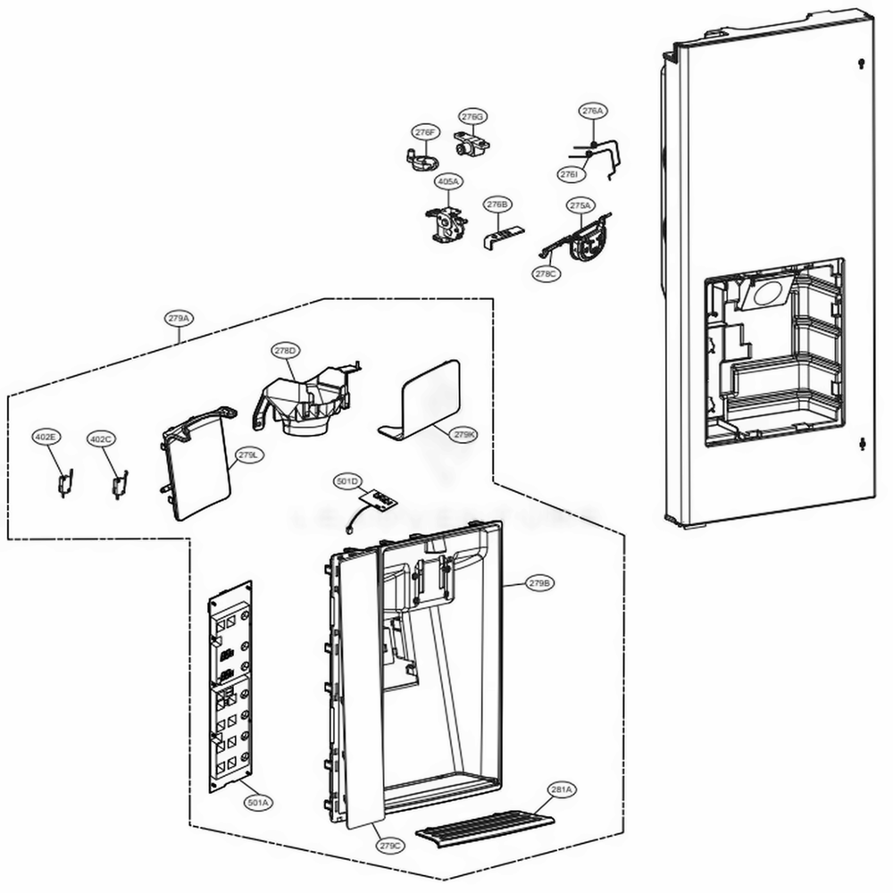 Dispenser Parts Diagram and Parts List for LFXS30726B AWBCNA2 LG Refrigerator
