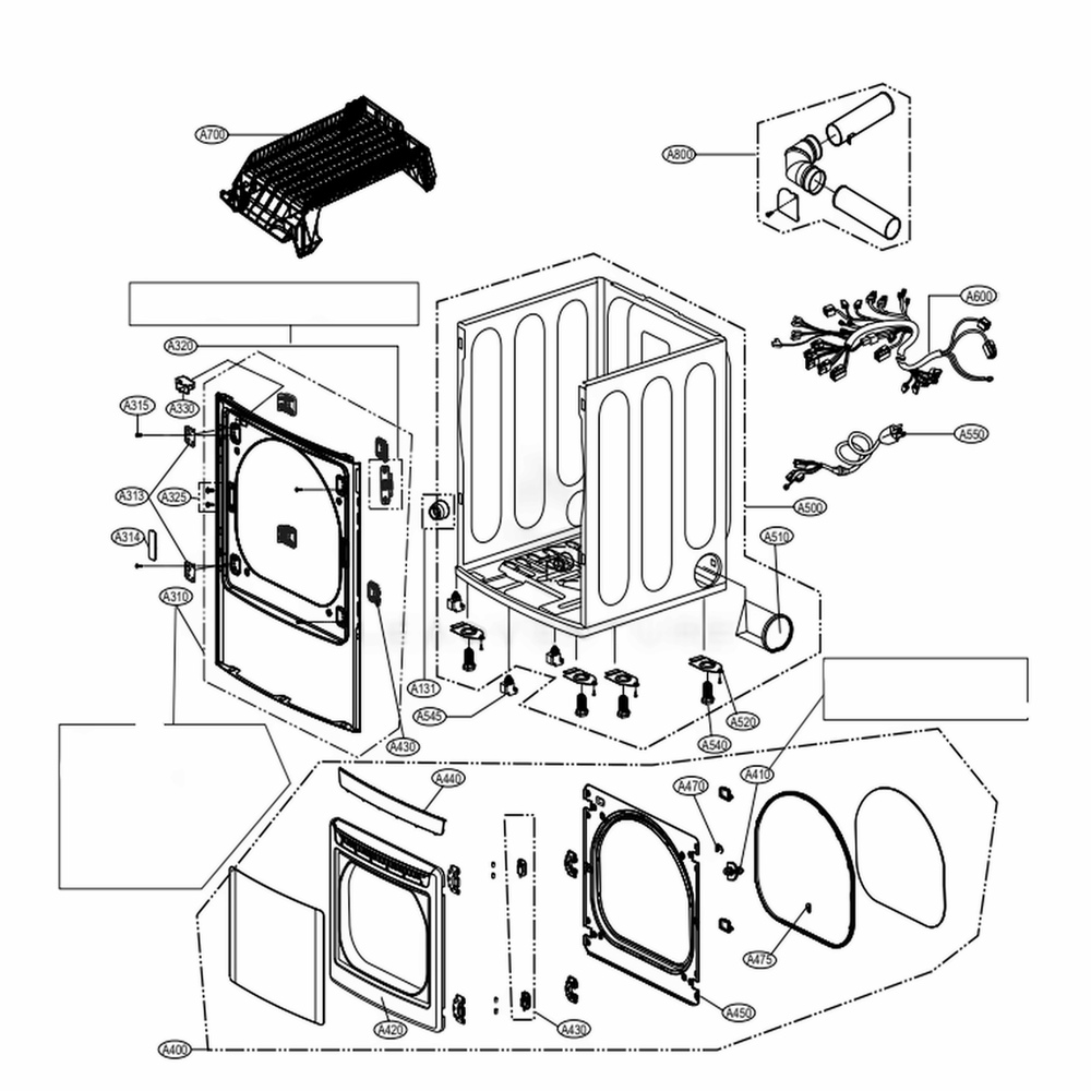 Cabinet And Door Assembly: Gas Type Diagram and Parts List for DLGY1702W ABWEEUS LG Dryer