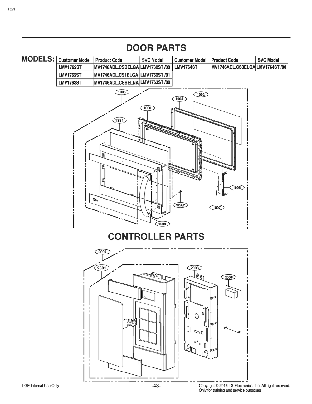Door Parts Diagram and Parts List for MV1746ADL CS3ELGA LG Microwave