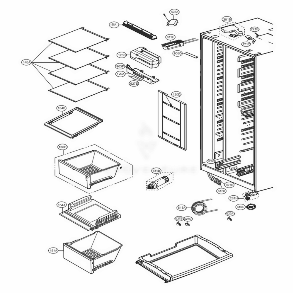 Refrigerator Compartment Diagram and Parts List for LSXC22396D ASBCNA2 LG Refrigerator