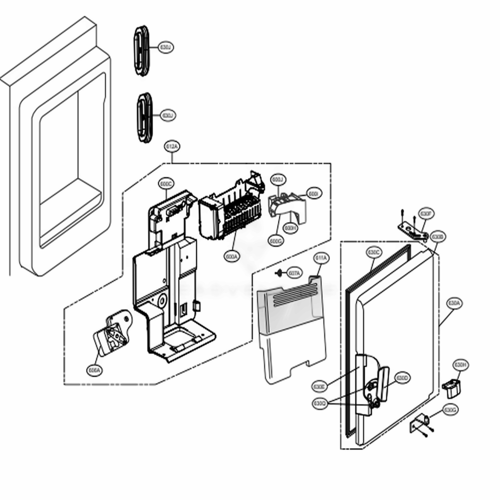 Ice Maker And Ice Bin Parts Diagram and Parts List for 74024 ABICSE2 LG Refrigerator