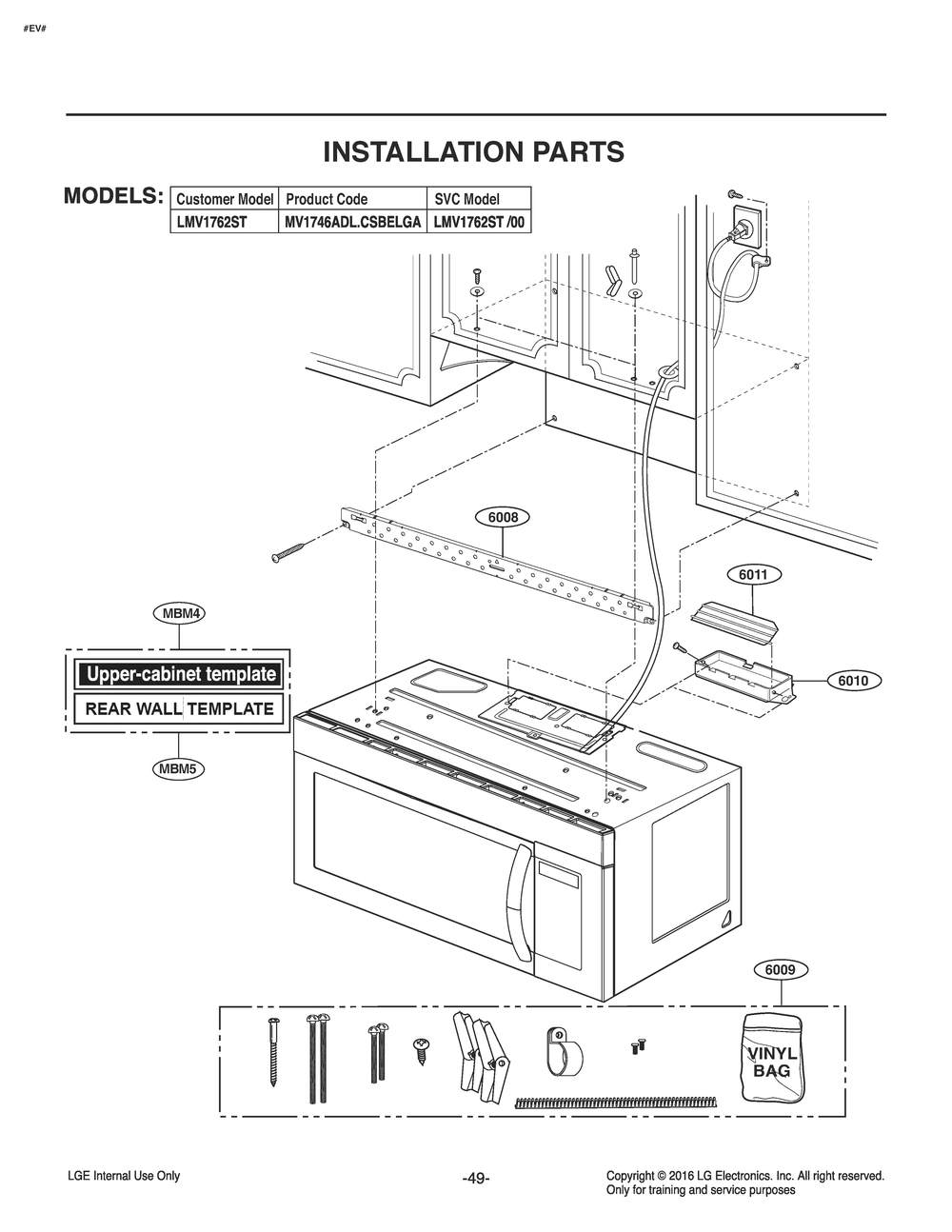 Installation Parts Diagram and Parts List for MV1746ADL CS2ELNA LG Microwave