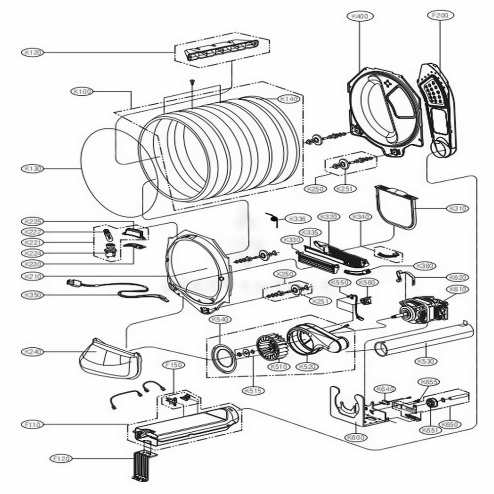 Drum And Motor Assembly Diagram and Parts List for DLE1001W ABWEEUS LG Dryer