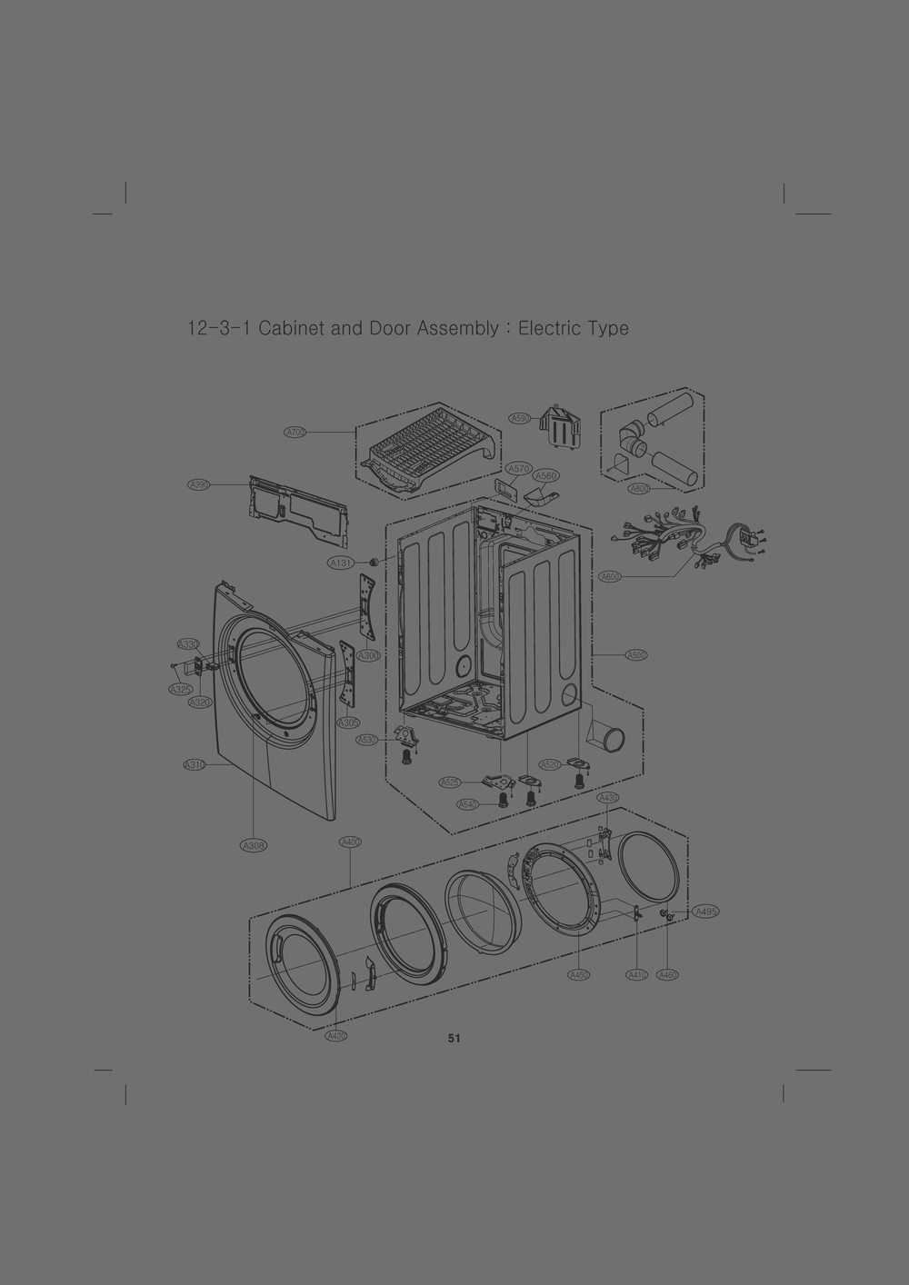 Cabinet And Door Assembly Diagram and Parts List for RV13A2GS ASTESEU LG Dryer