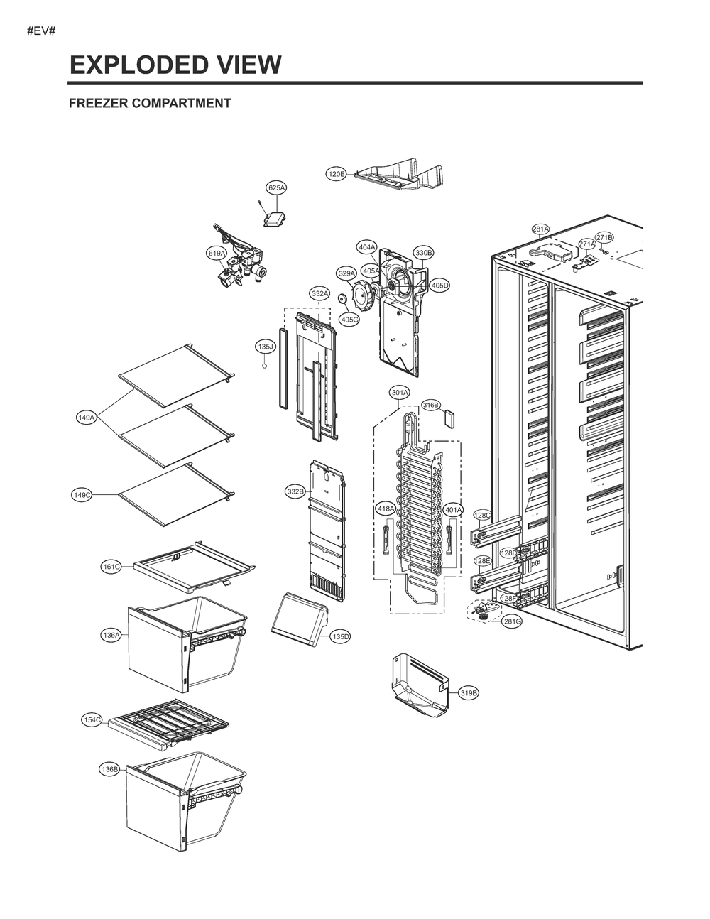 Freezer Compartment Diagram and Parts List for GM-L227NKYM ASBCSE0 LG Refrigerator