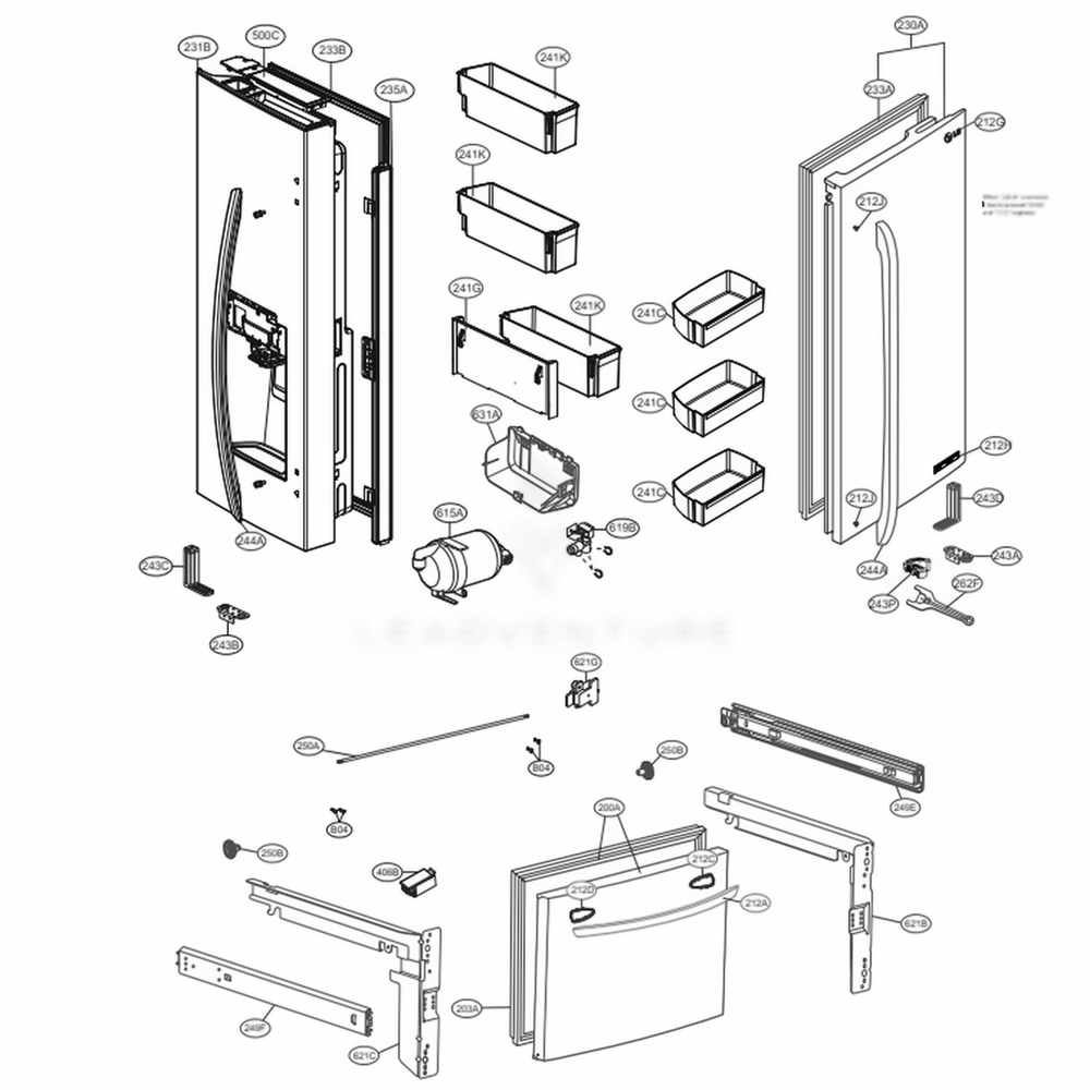 Door Parts Diagram and Parts List for LRFXS2503D ASBCNA0 LG Refrigerator