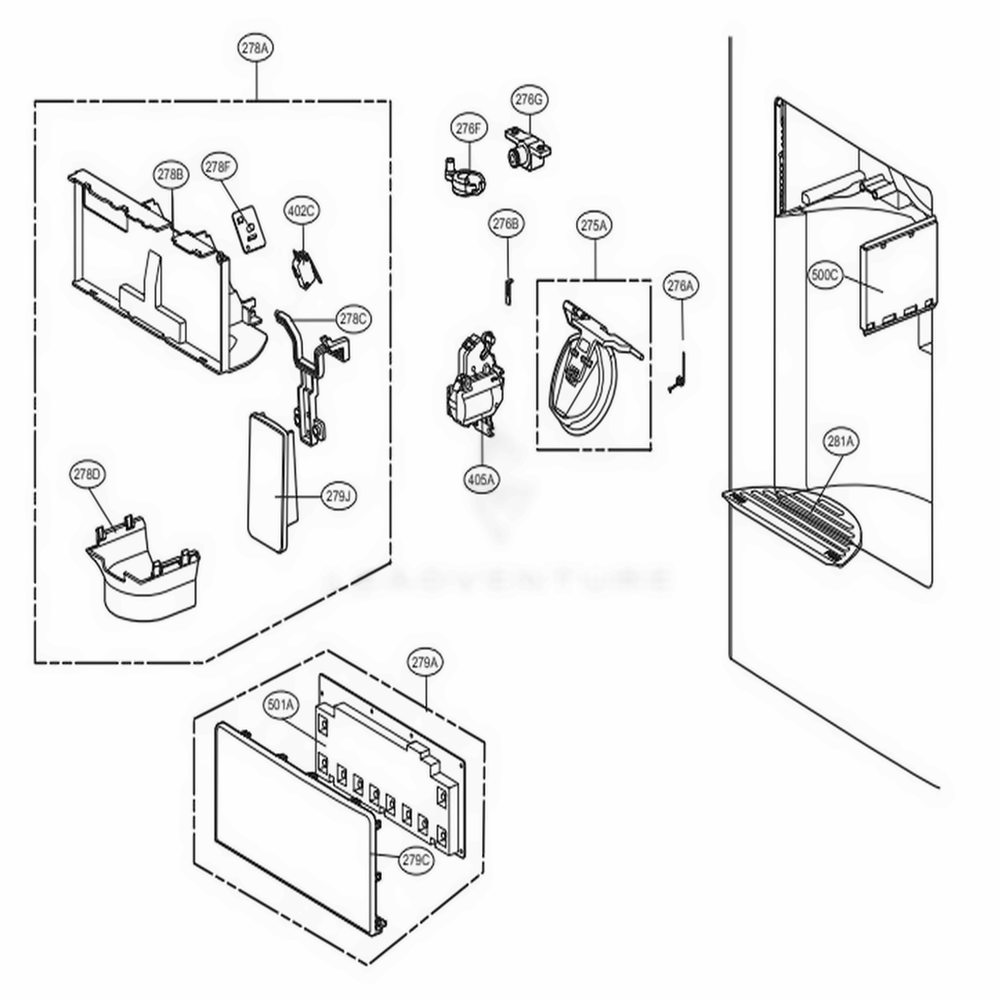 Dispenser Parts Diagram and Parts List for 70329 AWBCSE0 LG Refrigerator