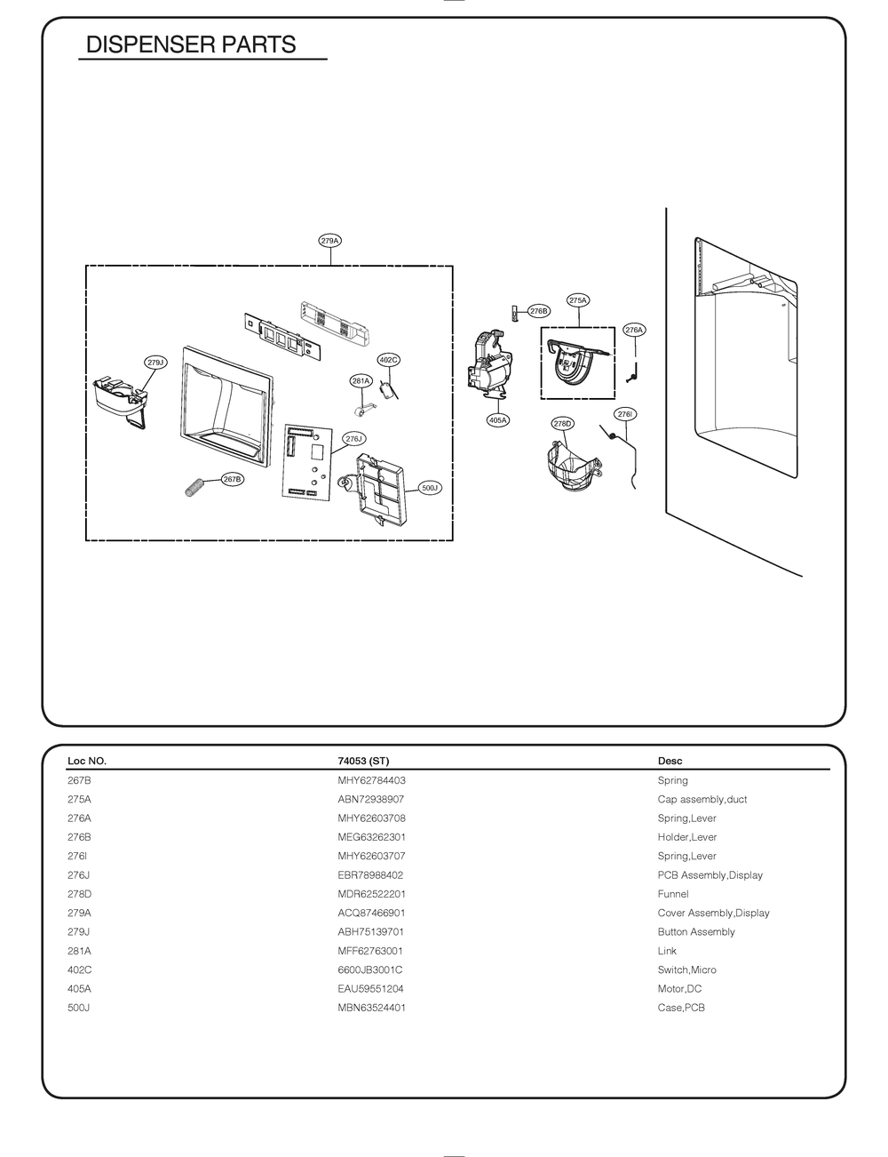 Dispenser Parts Diagram and Parts List for GR-J268LSTM ASTCSE2 LG Refrigerator