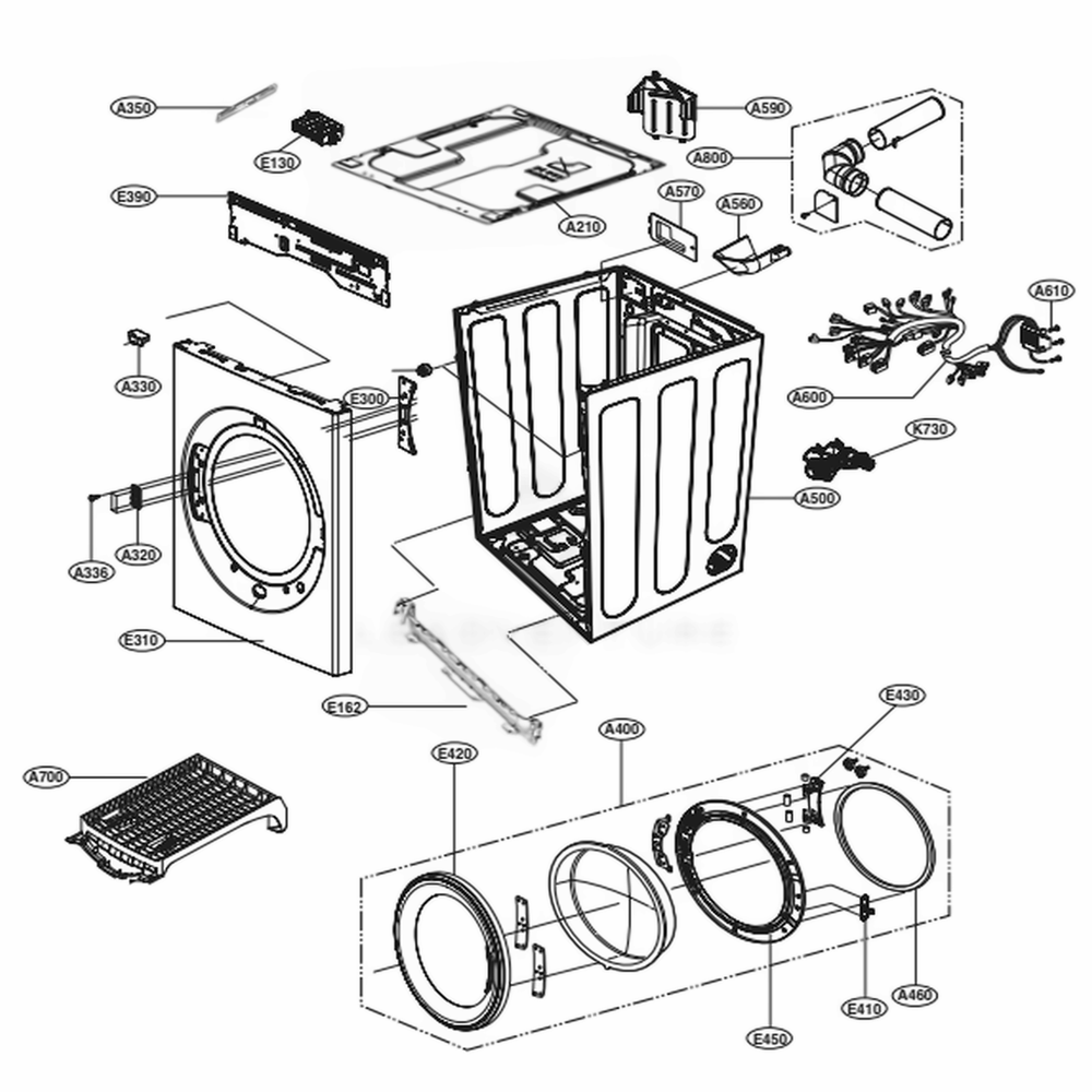 Cabinet And Door Assembly 1 Diagram and Parts List for WKEX200HWA ABWEEUS LG Washer Dryer Combo