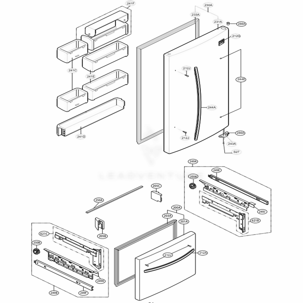 Door Parts Diagram and Parts List for 78099 AWB1SER LG Refrigerator