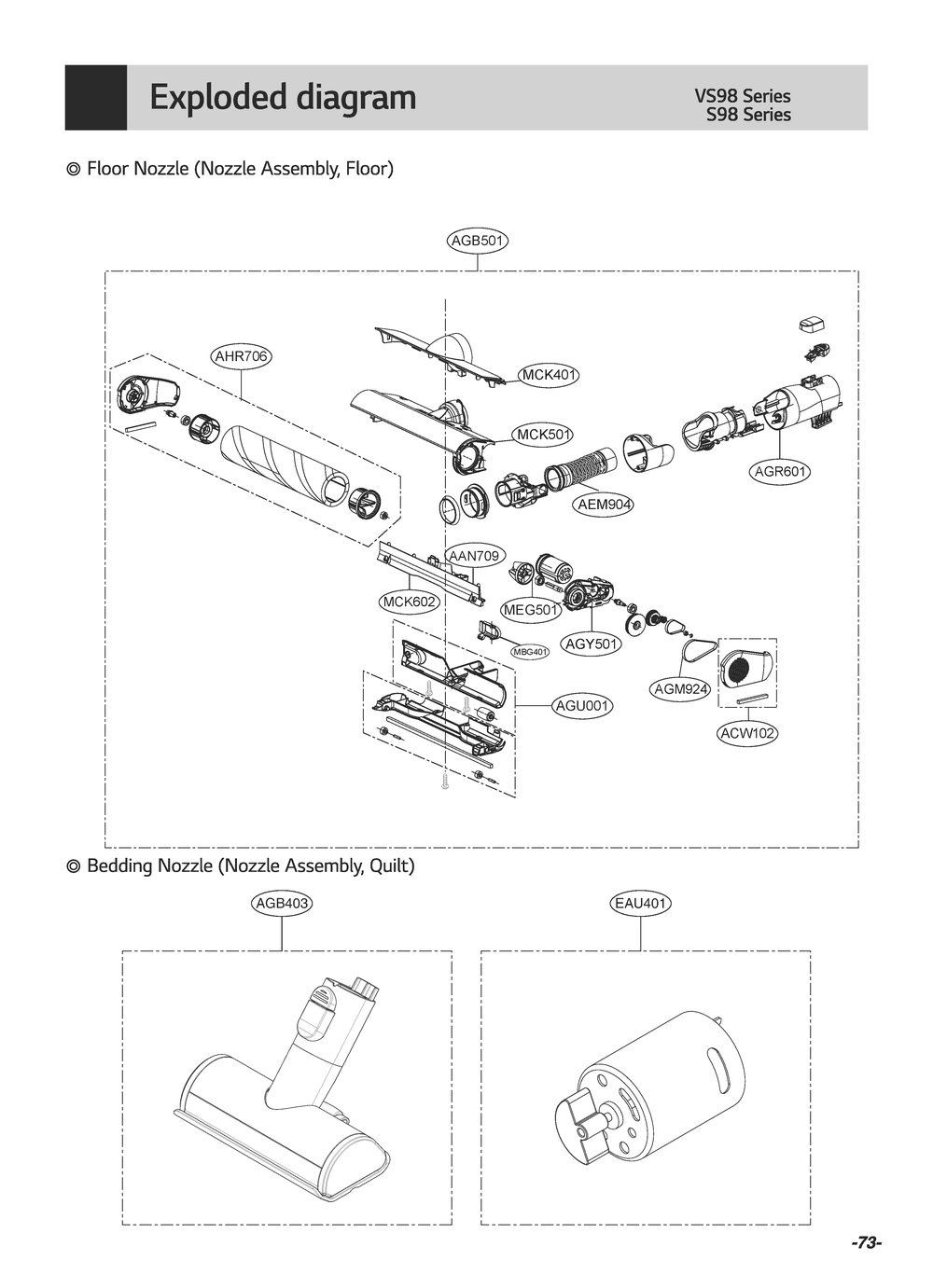 Floor Nozzle (Nozzle Assembly, Floor) Diagram and Parts List for A925KSM BFSELGA LG Upright Vacuum