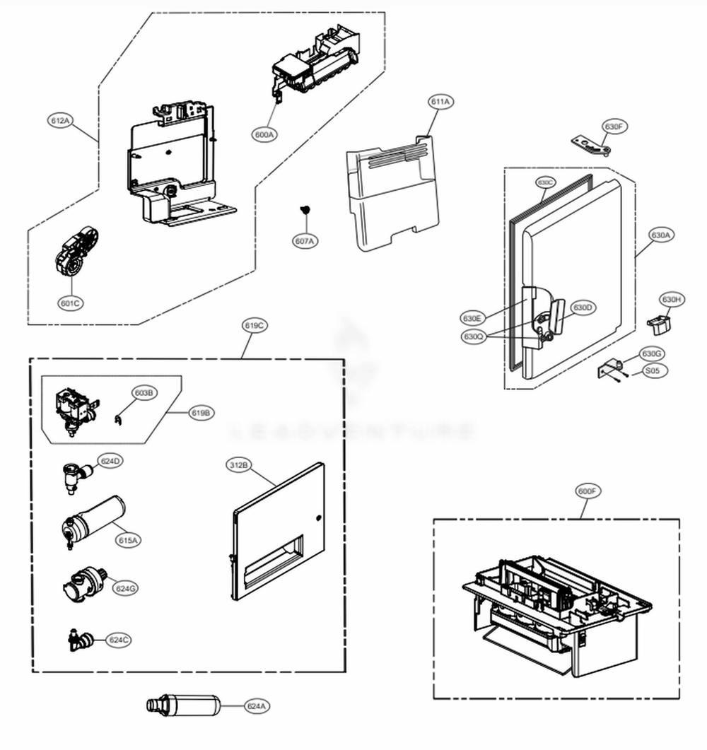 Ice Maker And Ice Bin Parts Diagram and Parts List for LRMDS3006D ASBCNA0 LG Refrigerator