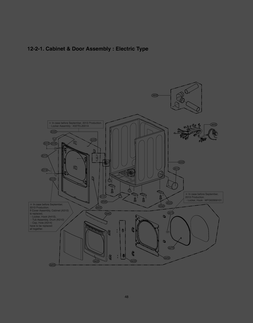 Cabinet And Door Assembly Diagram and Parts List for RV13A4ASD ABWESEU LG Dryer