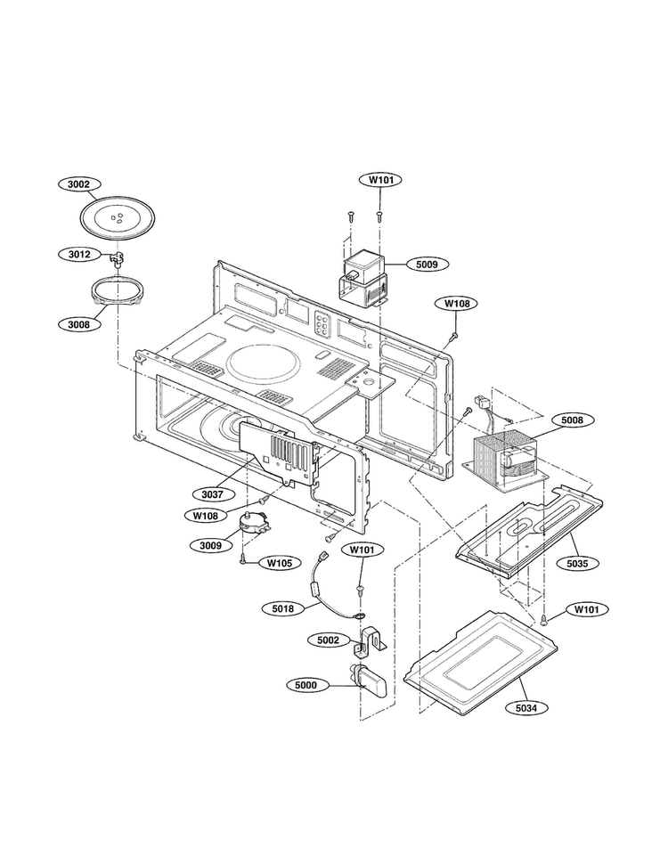 Interior Parts Diagram and Parts List for MV1604SW01  LG Microwave