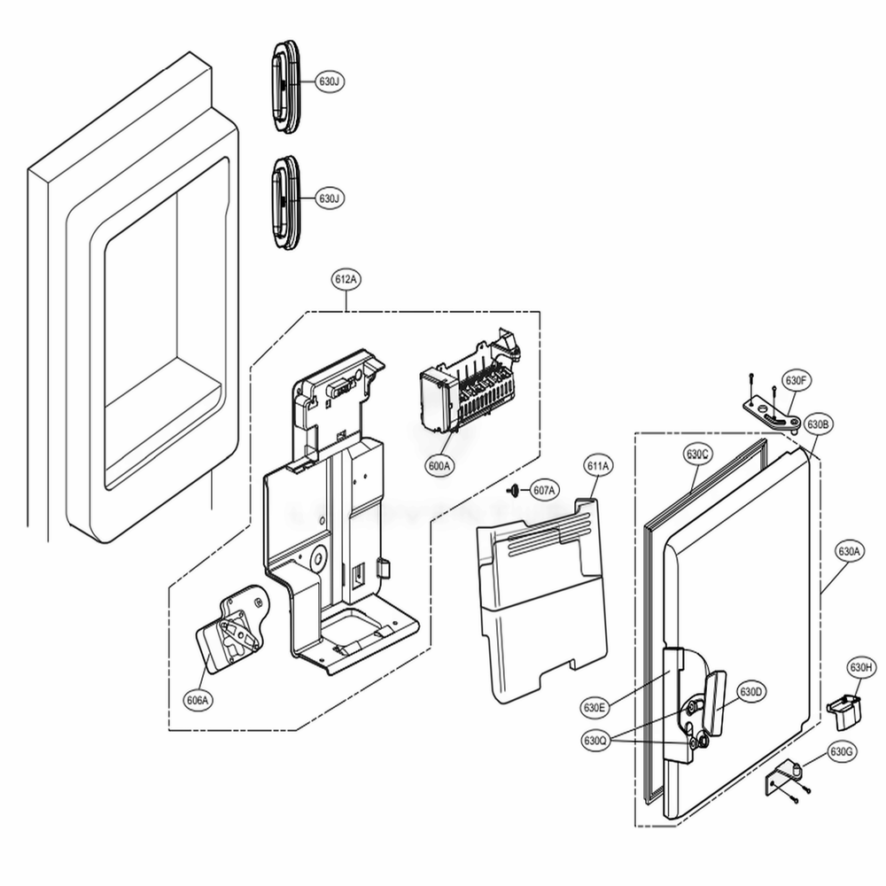 Ice Maker And Ice Bin Parts Diagram and Parts List for LFXC24726S ASTCNA2 LG Refrigerator