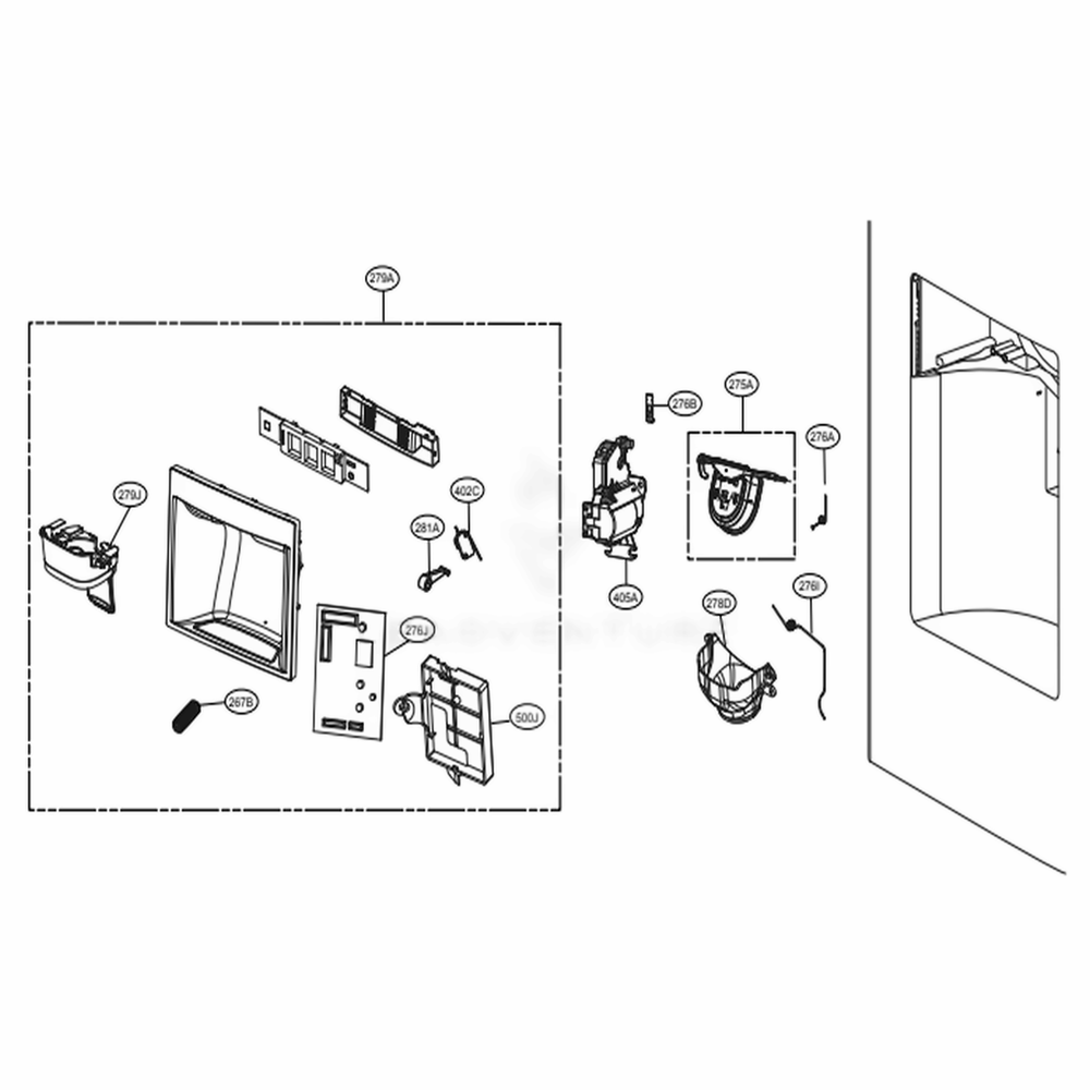 Dispenser Parts Diagram and Parts List for 73167 ASBCSE0 LG Refrigerator