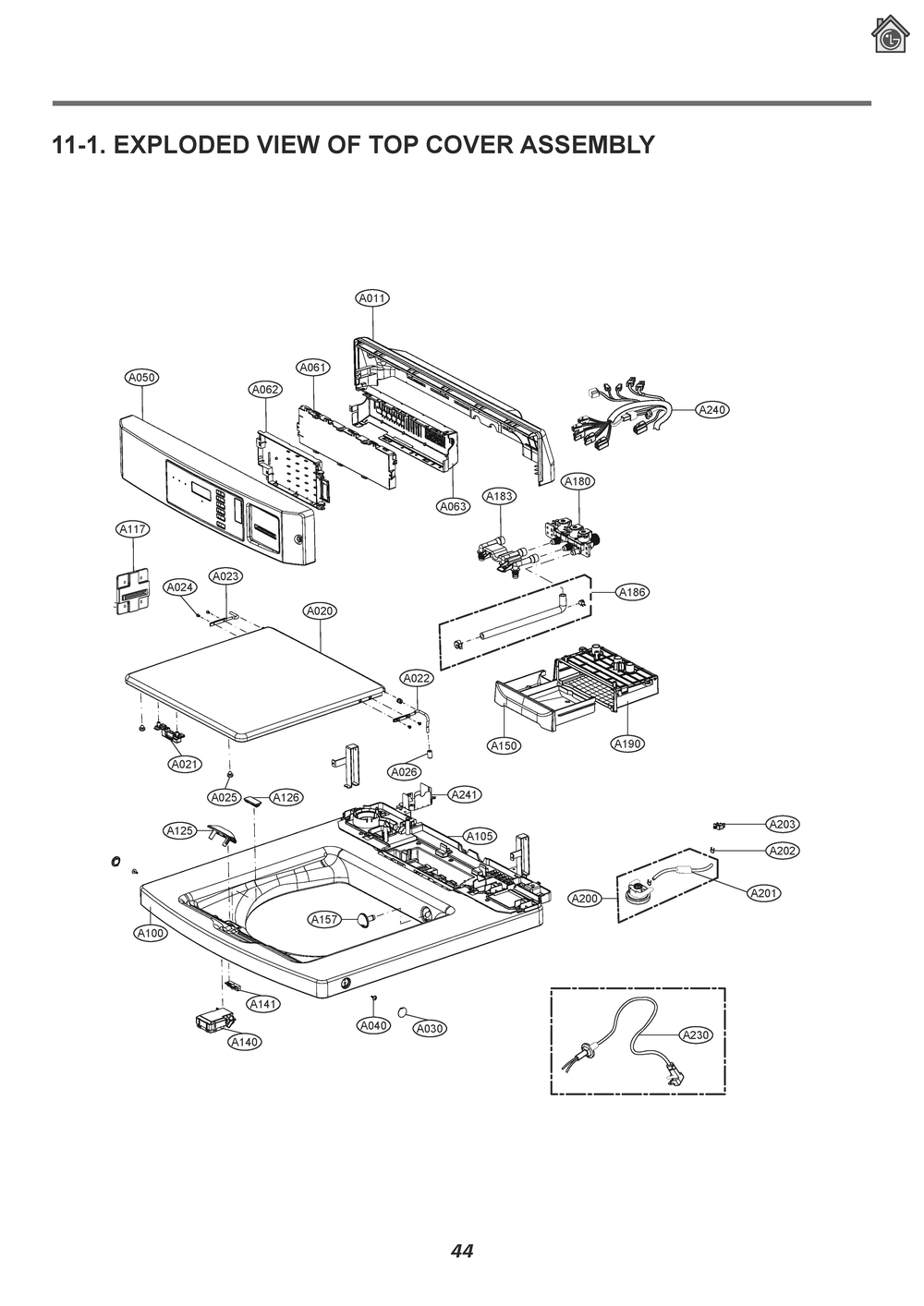 Top Cover Assembly Diagram and Parts List for T1001E3J ABWEELC LG Washer