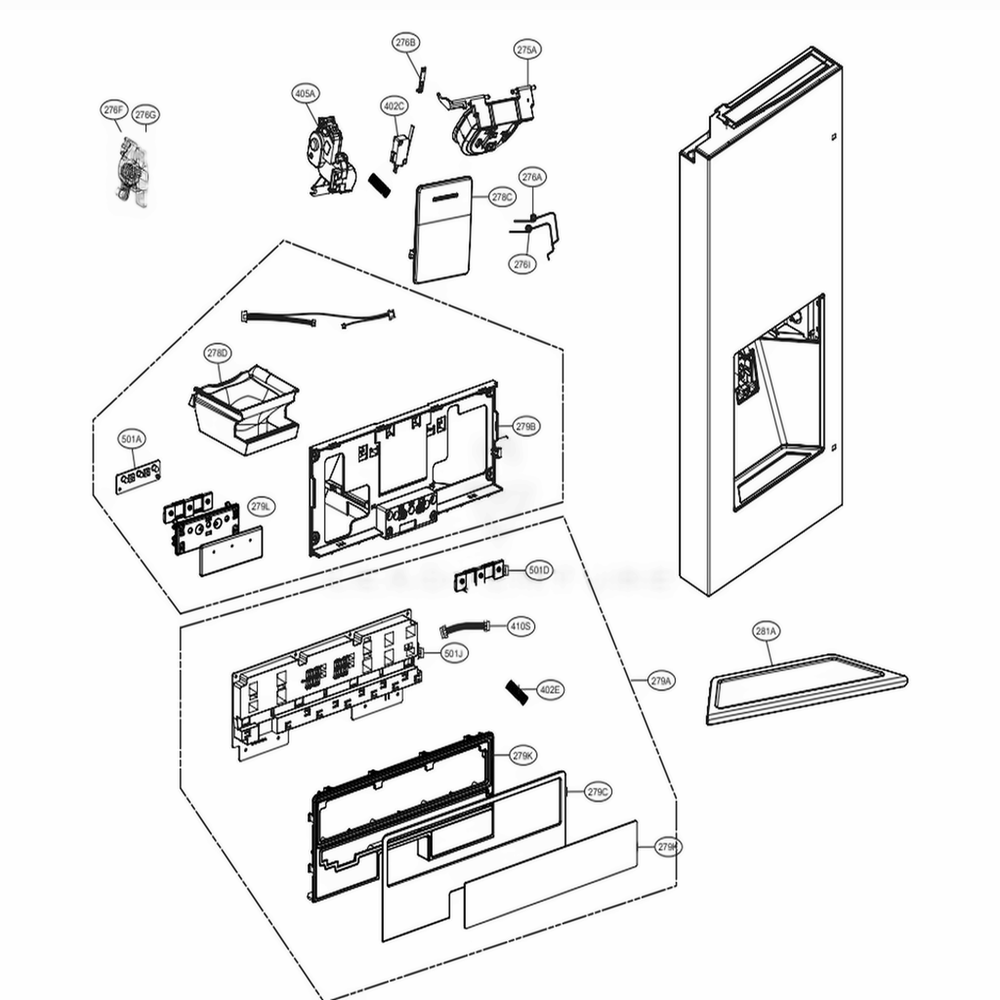 Dispenser Parts Diagram and Parts List for LSFD2491ST ASTCNA1 LG Refrigerator