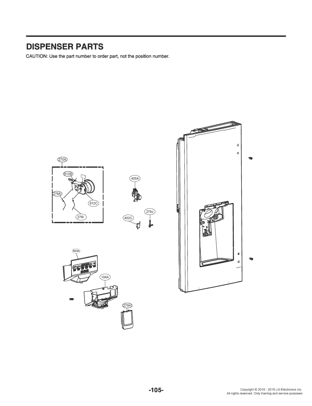 Dispenser Parts Diagram and Parts List for GR-X288NSSM ASTCNA0 LG Refrigerator