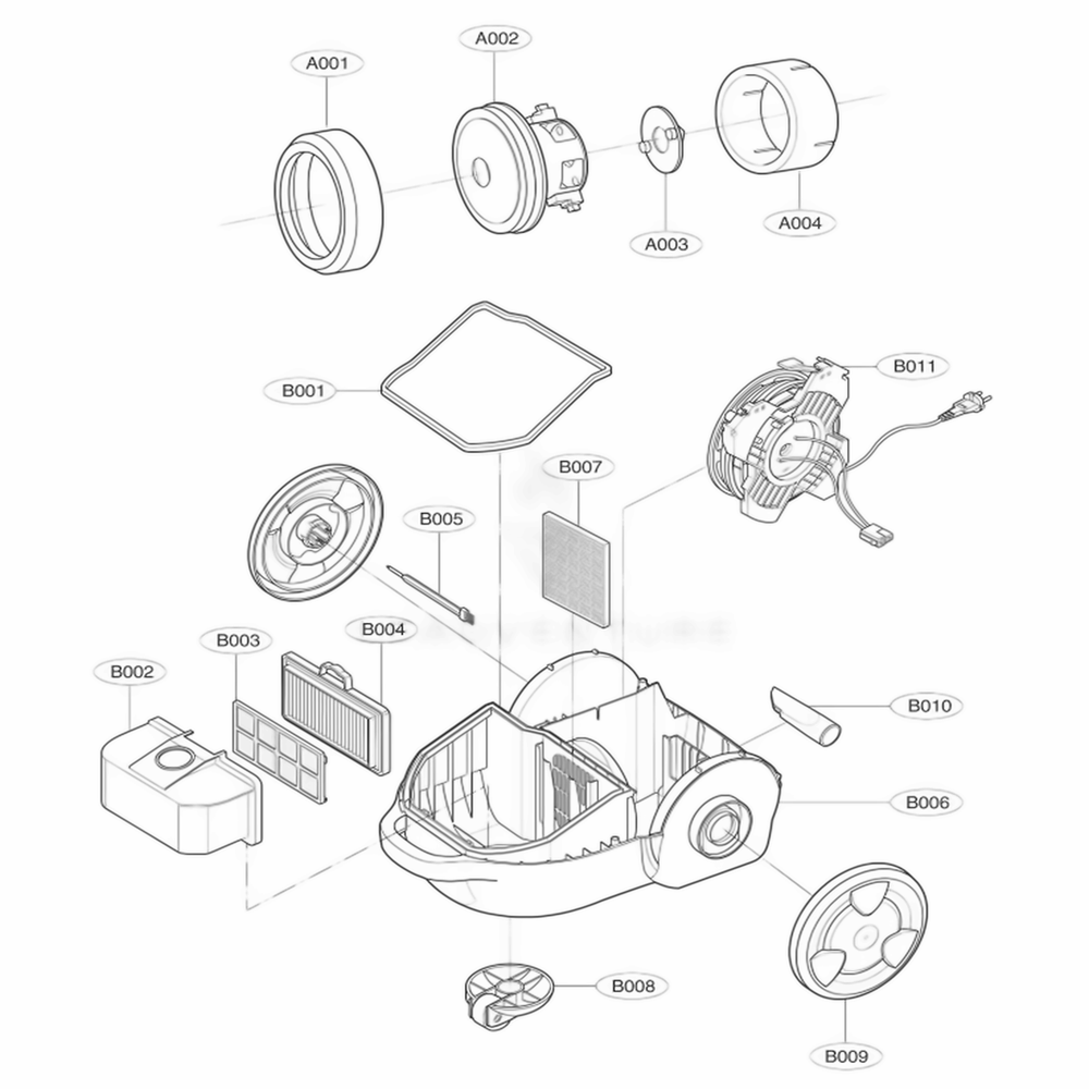 Base Assembly, Body Diagram and Parts List for 23090 AZBESRS LG Canister Vacuum