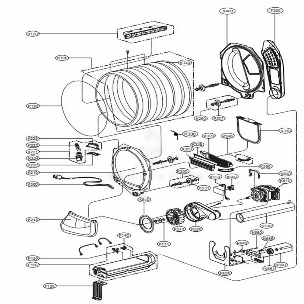 Drum And Motor Assembly Diagram and Parts List for DLE4870W ABWEEUS LG Dryer