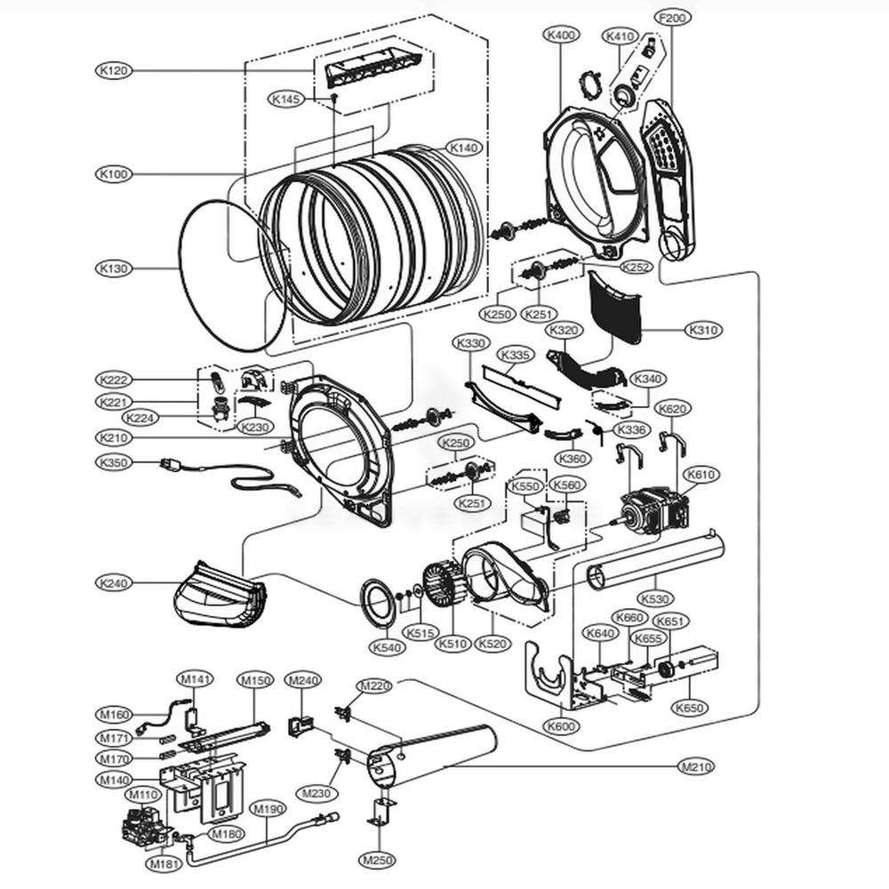 Drum And Motor Assembly: Gas Type Diagram and Parts List for 91383 ASTESEU LG Dryer