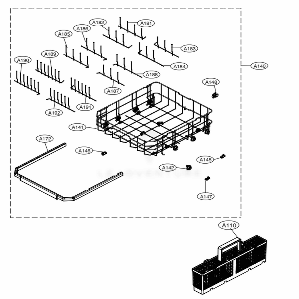 Lower Rack Assembly Diagram and Parts List for LDPN6761T ASTEEUS LG Dishwasher