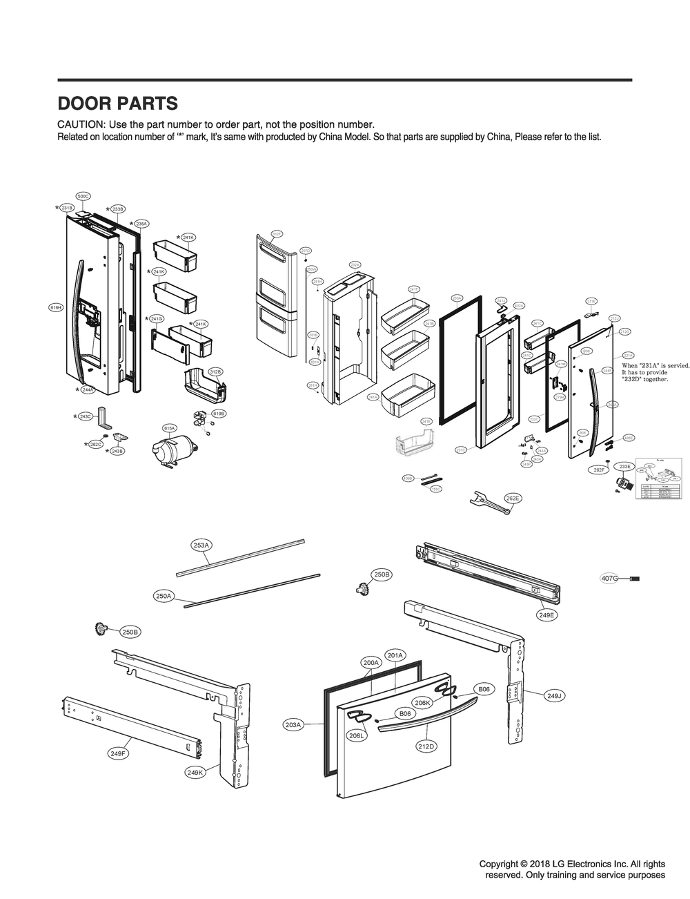Door Parts Diagram and Parts List for GR-J288NSXM ASTCNA0 LG Refrigerator