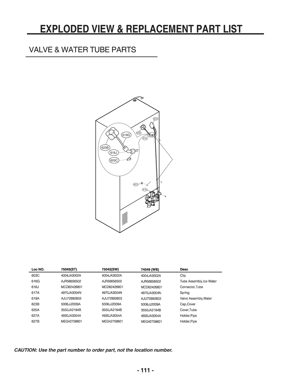 Valve And Water Tube Parts Diagram and Parts List for GR-L268LQUM ASWCSE0 LG Refrigerator