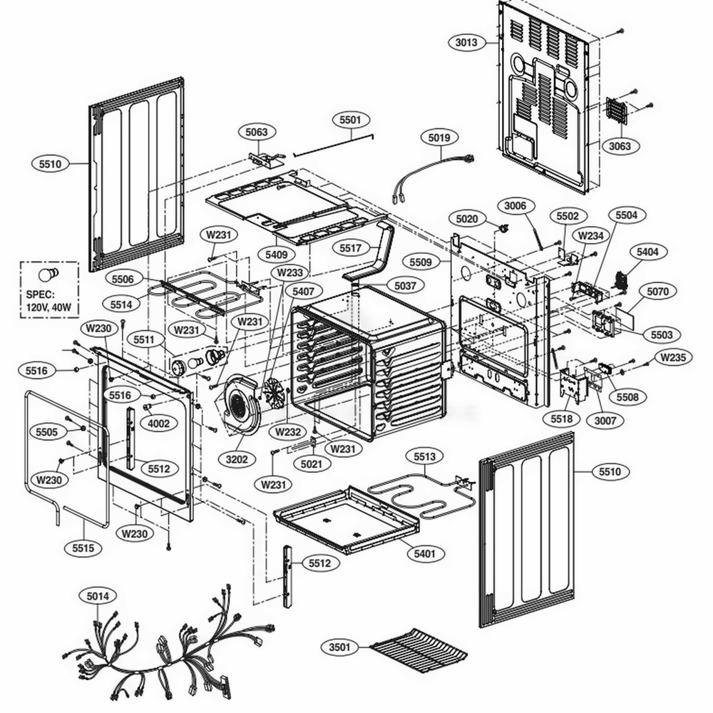 Cavity Parts Diagram and Parts List for LRE30453SB FBKLLGA LG Range