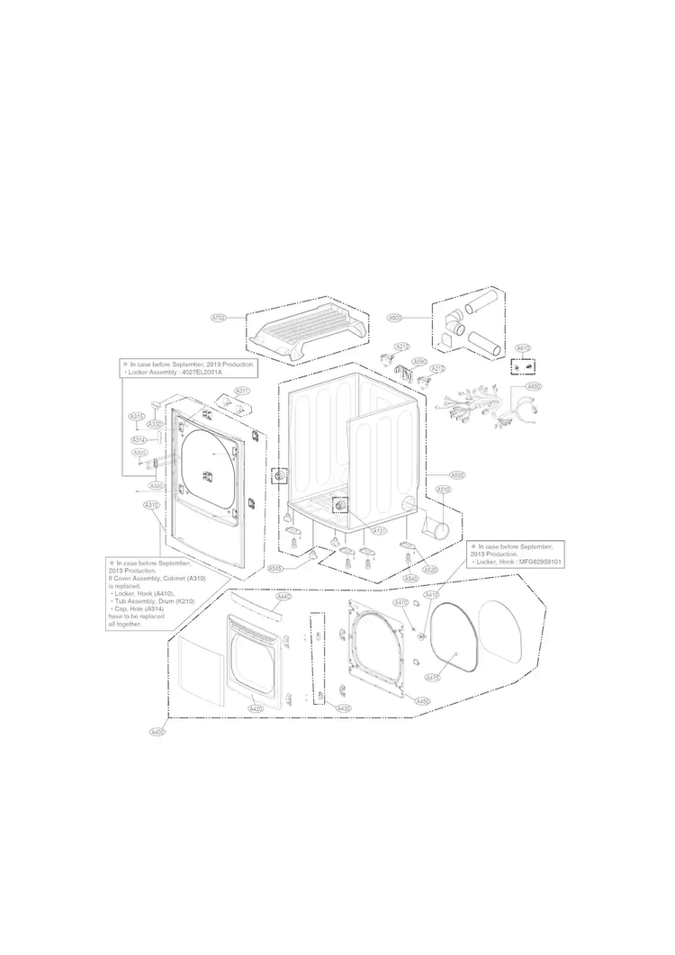 Cabinet And Door Parts Diagram and Parts List for DLEX5680V  LG Dryer